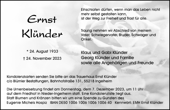 Traueranzeige von Ernst Klünder von Allgemeine Zeitung Bingen/Ingelheim