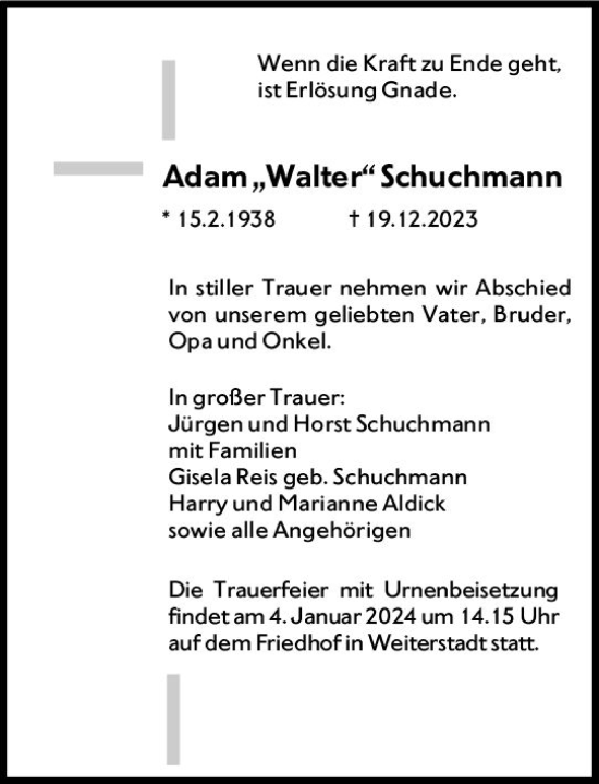 Traueranzeige von Adam  Schuchmann von Darmstädter Echo