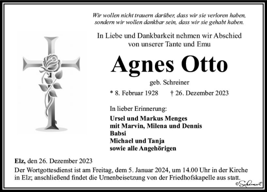 Traueranzeige von Agnes Otto von Nassauische Neue Presse