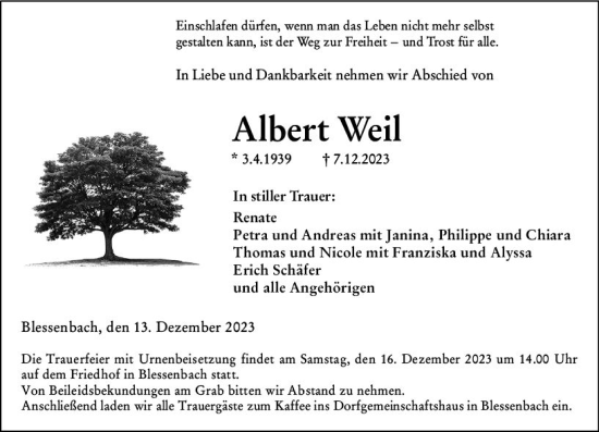 Traueranzeige von Albert Weil von Weilburger Tageblatt