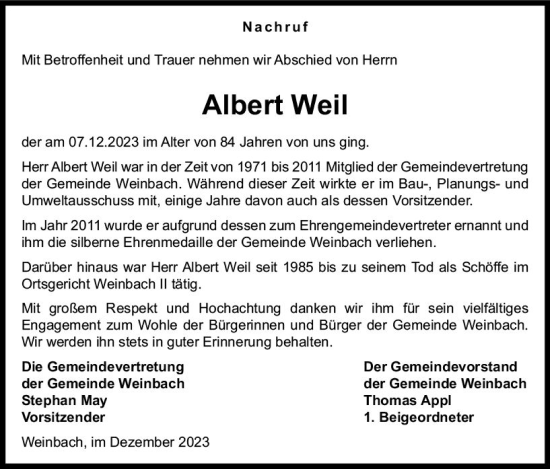 Traueranzeige von Albert Weil von Weilburger Tageblatt