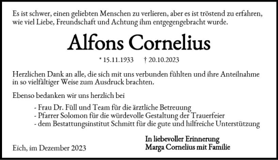 Traueranzeige von Alfons Cornelius von Wormser Zeitung