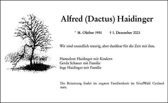 Traueranzeige von Alfred  Haidinger von Groß-Gerauer Echo