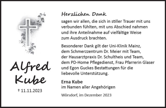 Traueranzeige von Alfred Kube von Idsteiner Land/Untertaunus