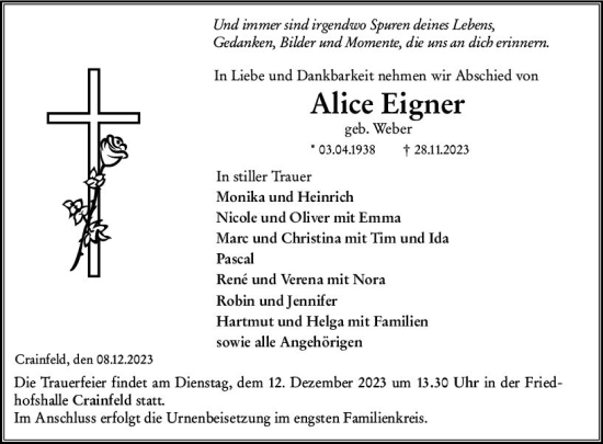Traueranzeige von Alice Eigner von VRM Trauer