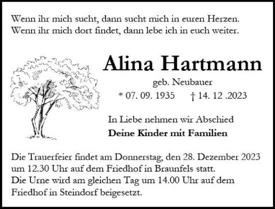 Traueranzeige von Alina Hartmann von Wetzlarer Neue Zeitung