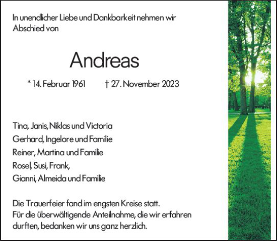 Traueranzeige von Andreas  von Wetzlarer Neue Zeitung