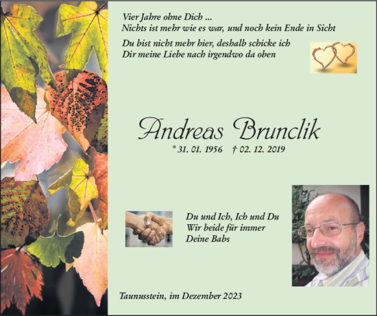 Traueranzeige von Andreas Brunclik von Wiesbadener Kurier Traueranzeige von Andreas Brunclik von Wiesbadener Kurier