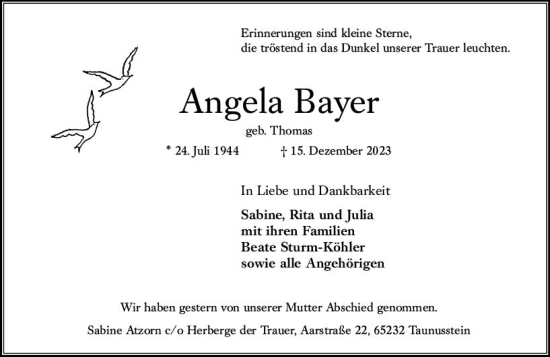 Traueranzeige von Angela Bayer von Wiesbadener Kurier
