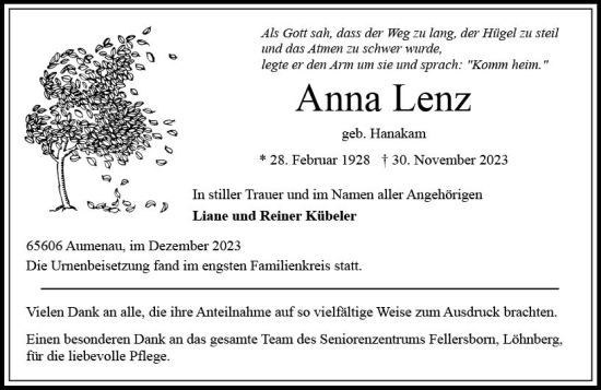 Traueranzeige von Anna Lenz von Weilburger Tageblatt