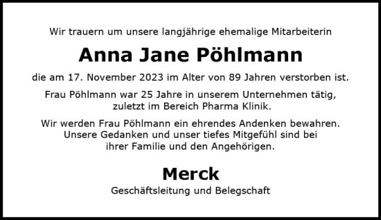 Traueranzeige von Anna Jane Pöhlmann von Darmstädter Echo