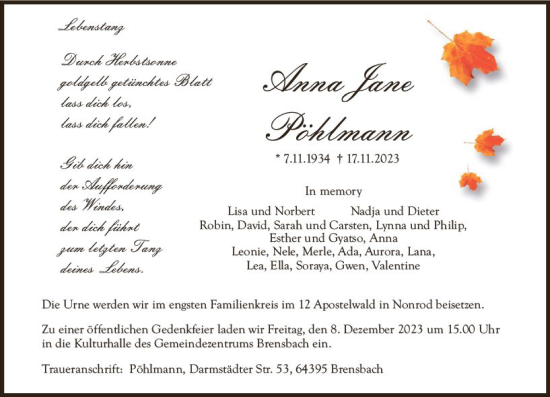 Traueranzeige von Anna Jane Pöhlmann von Odenwälder Echo