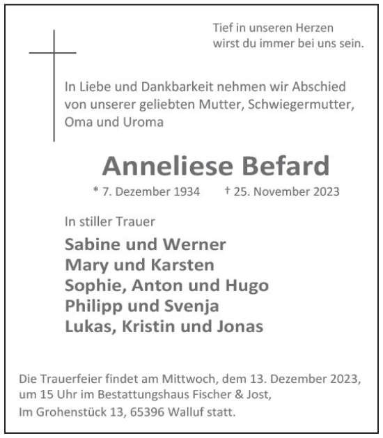 Traueranzeige von Anneliese Befard von Wiesbadener Kurier
