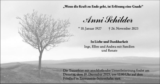 Traueranzeige von Anni Schilder von Wiesbadener Kurier