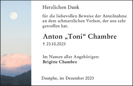 Traueranzeige von Anton Chambre von Hinterländer Anzeiger