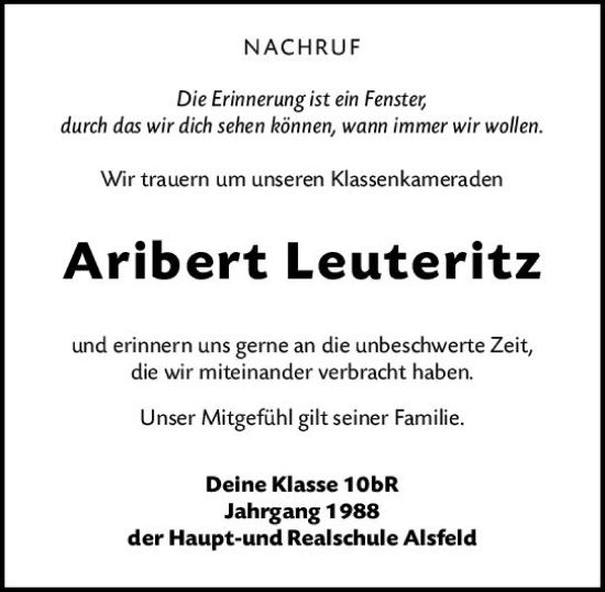 Traueranzeige von Aribert Leuteritz von VRM Trauer