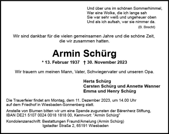 Traueranzeige von Armin Schürg von Wiesbadener Kurier
