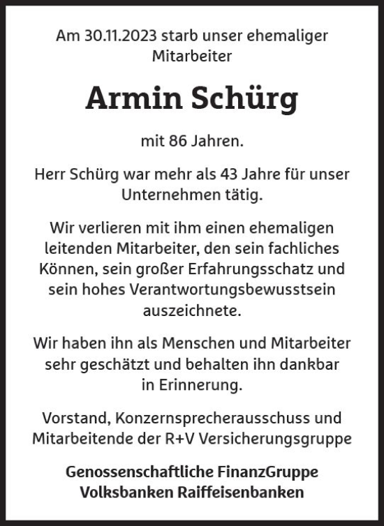 Traueranzeige von Armin Schürg von Wiesbadener Kurier