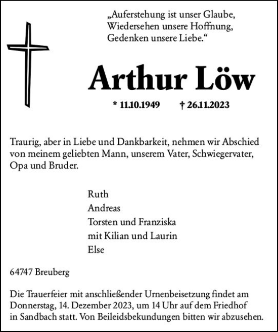 Traueranzeige von Arthur Löw von Odenwälder Echo
