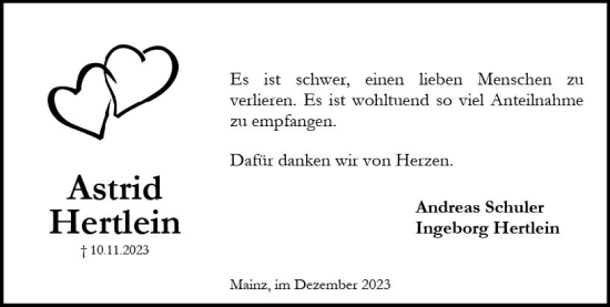 Traueranzeige von Astrid Hertlein von Allgemeine Zeitung Mainz