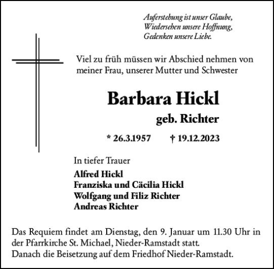 Traueranzeige von Barbara Hickl von Darmstädter Echo