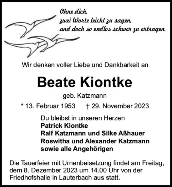 Traueranzeige von Beate Kiontke von VRM Trauer