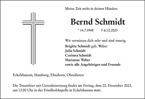 Traueranzeige von Bernd Schmidt von Hinterländer Anzeiger
