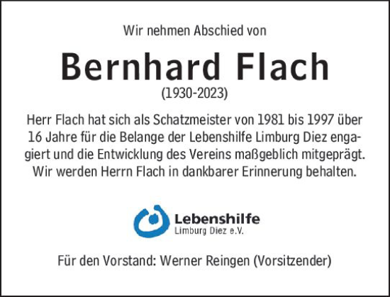 Traueranzeige von Bernhard Flach von Nassauische Neue Presse