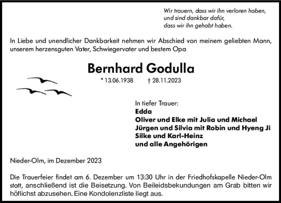 Traueranzeige von Bernhard Godulla von Allgemeine Zeitung Mainz