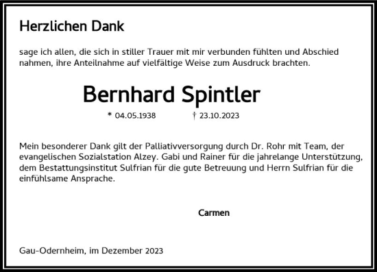 Traueranzeige von Bernhard Spintler von Allgemeine Zeitung Alzey