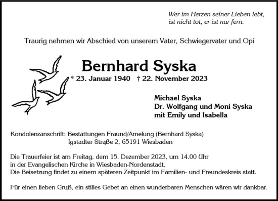 Traueranzeige von Bernhard Syska von Wiesbadener Kurier