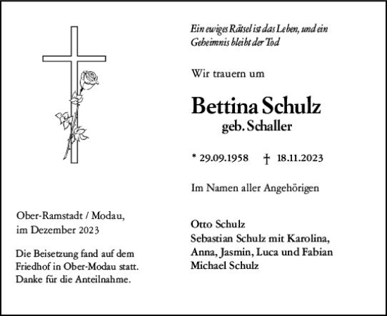 Traueranzeige von Bettina Schulz von Darmstädter Echo
