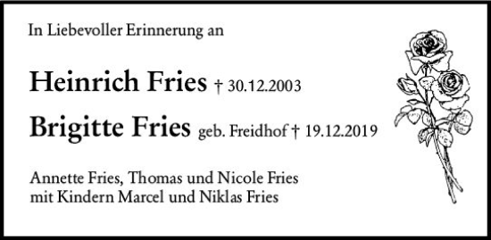 Traueranzeige von Brigitte Fries von Allgemeine Zeitung Mainz