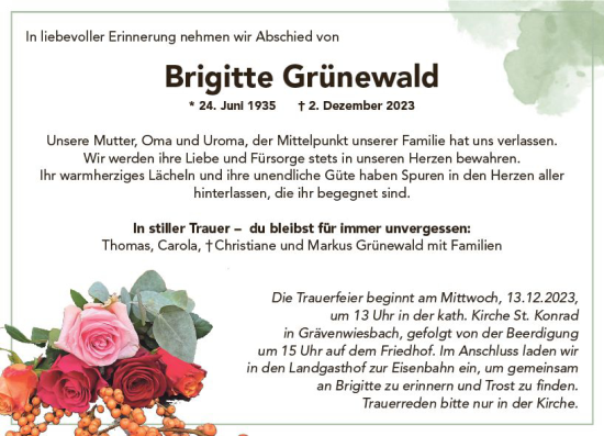 Traueranzeige von Brigitte Grünewald von Weilburger Tageblatt