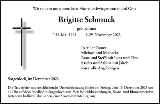 Traueranzeige von Brigitte Schmuck von Allgemeine Zeitung Mainz