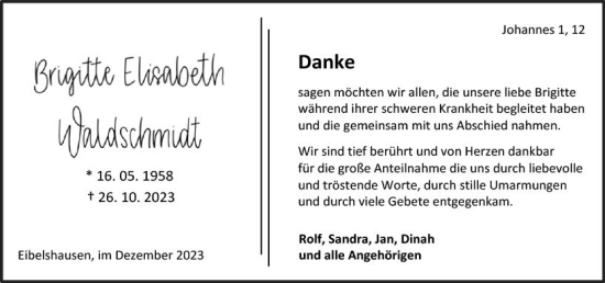 Traueranzeige von Brigitte Elisabeth Waldschmidt von Dill Block