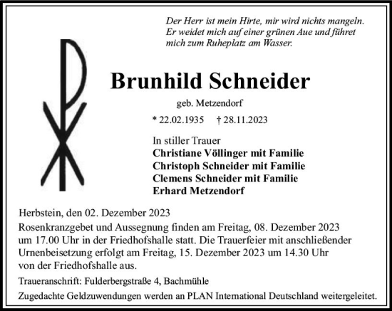 Traueranzeige von Brunhild Schneider von VRM Trauer
