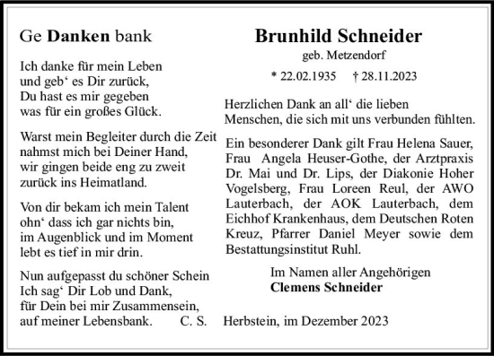 Traueranzeige von Brunhild Schneider von VRM Trauer
