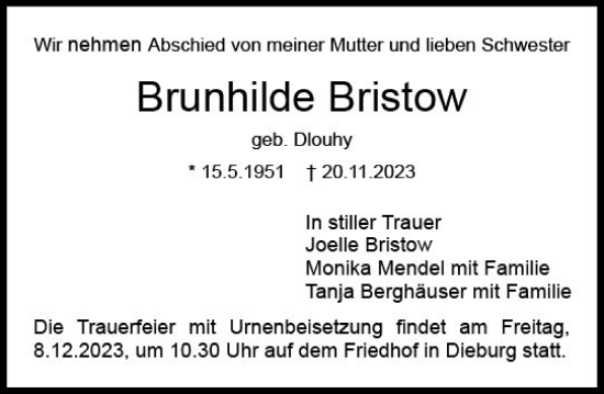 Traueranzeige von Brunhilde Bristow von Dieburger Anzeiger/Groß-Zimmerner Lokal-Anzeiger