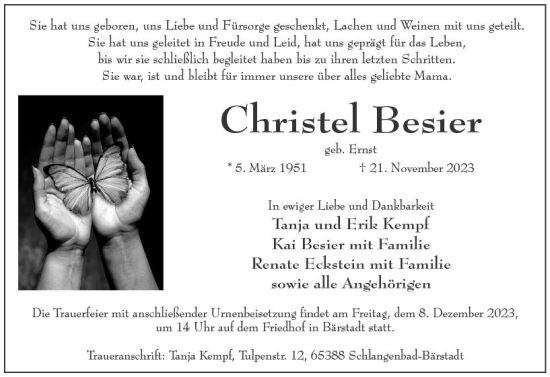 Traueranzeige von Christel Besier von Wiesbadener Kurier