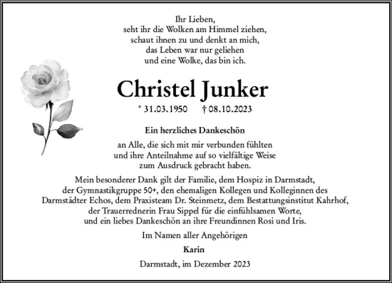 Traueranzeige von Christel Junker von Darmstädter Echo