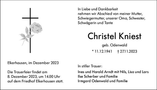 Traueranzeige von Christel Kniest von Weilburger Tageblatt