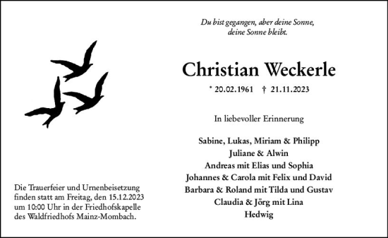 Traueranzeige von Christian Weckerle von Allgemeine Zeitung Mainz