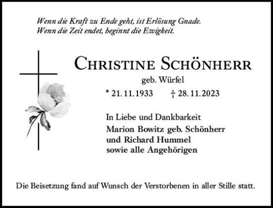 Traueranzeige von Christine Schönherr von Rüsselsheimer Echo