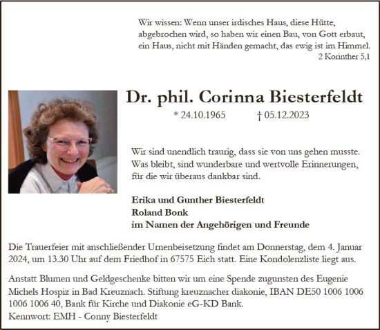 Traueranzeige von Corinna Biesterfeldt von Allgemeine Zeitung Bingen/Ingelheim