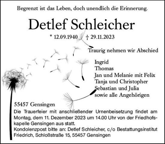 Traueranzeige von Detlef Schleicher von Allgemeine Zeitung Bingen/Ingelheim