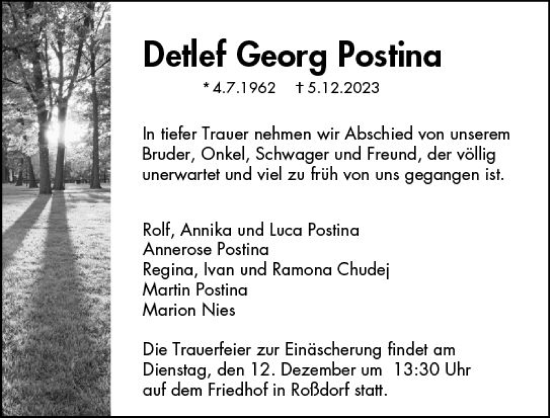 Traueranzeige von Detlef Georg Postina von Darmstädter Echo