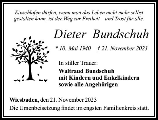 Traueranzeige von Dieter Bundschuh von Wiesbadener Kurier