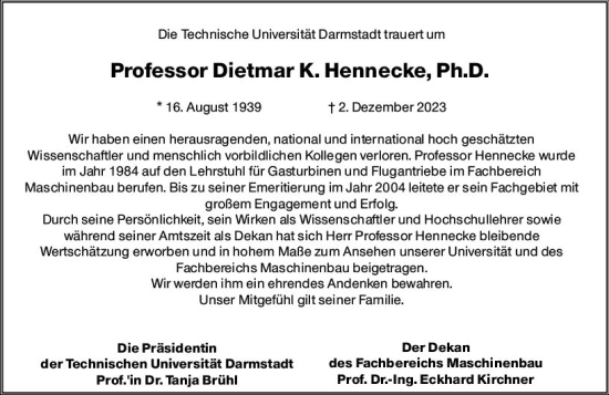 Traueranzeige von Dietmar K. Hennecke von Darmstädter Echo