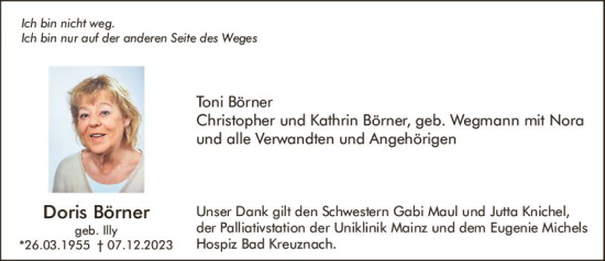 Traueranzeige von Doris Börner von Allgemeine Zeitung Bingen/Ingelheim